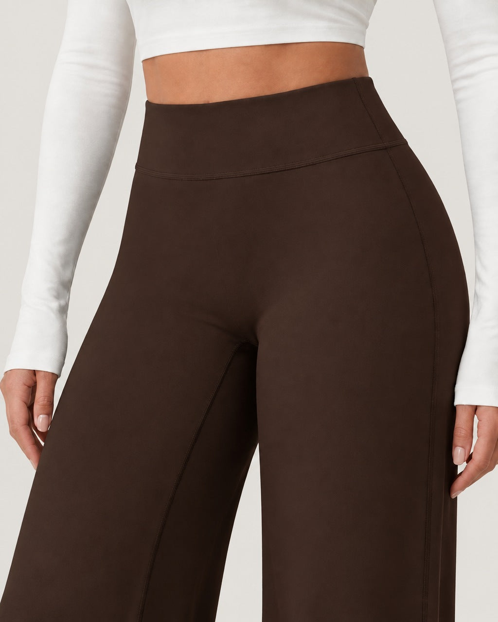 ROMY Ease Wide Leg Pant in Espresso — close-up of waistband and fabric