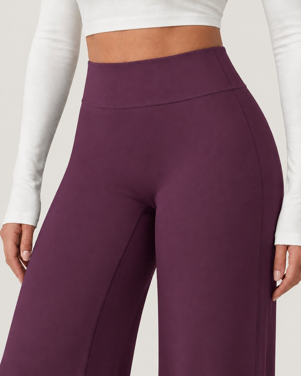 ROMY Ease Wide Leg Pant in Plum — close-up of waistband and fabric