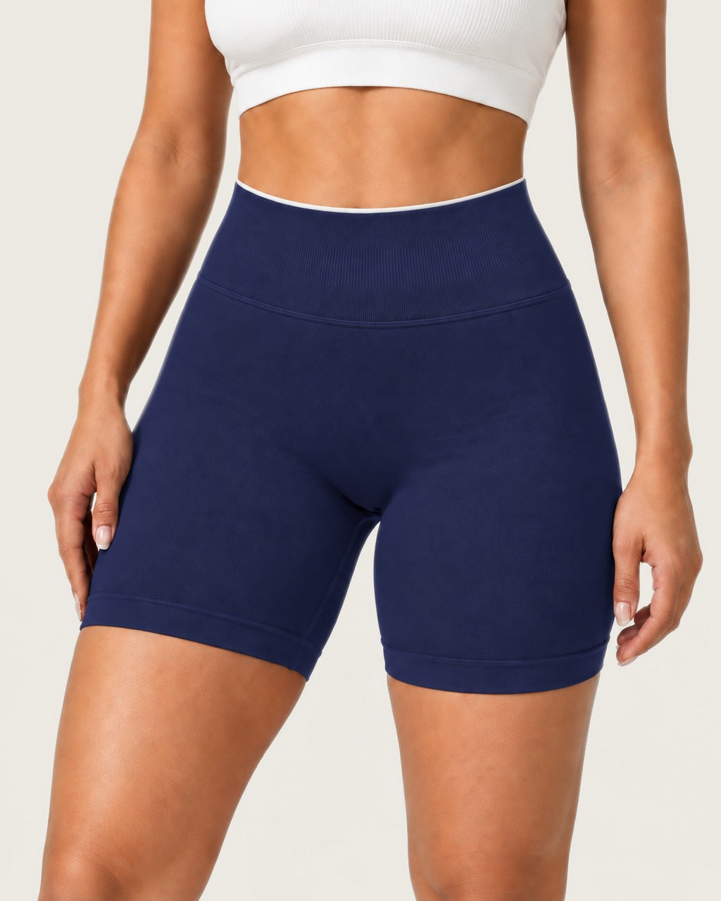 ROMY Form Contrast Waist Shorts in Navy — product view