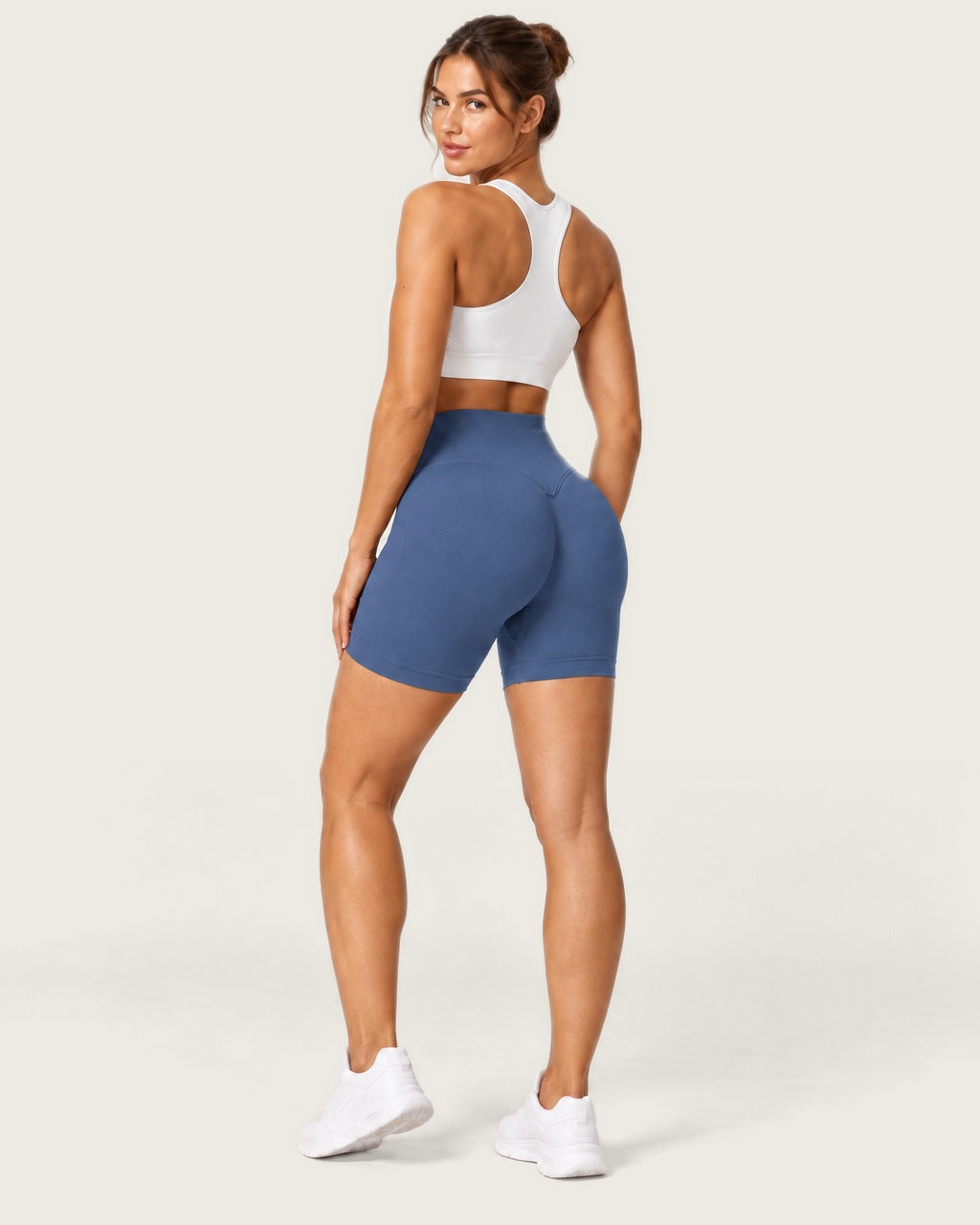 ROMY Form Seamless Shorts in Denim — three-quarter back view