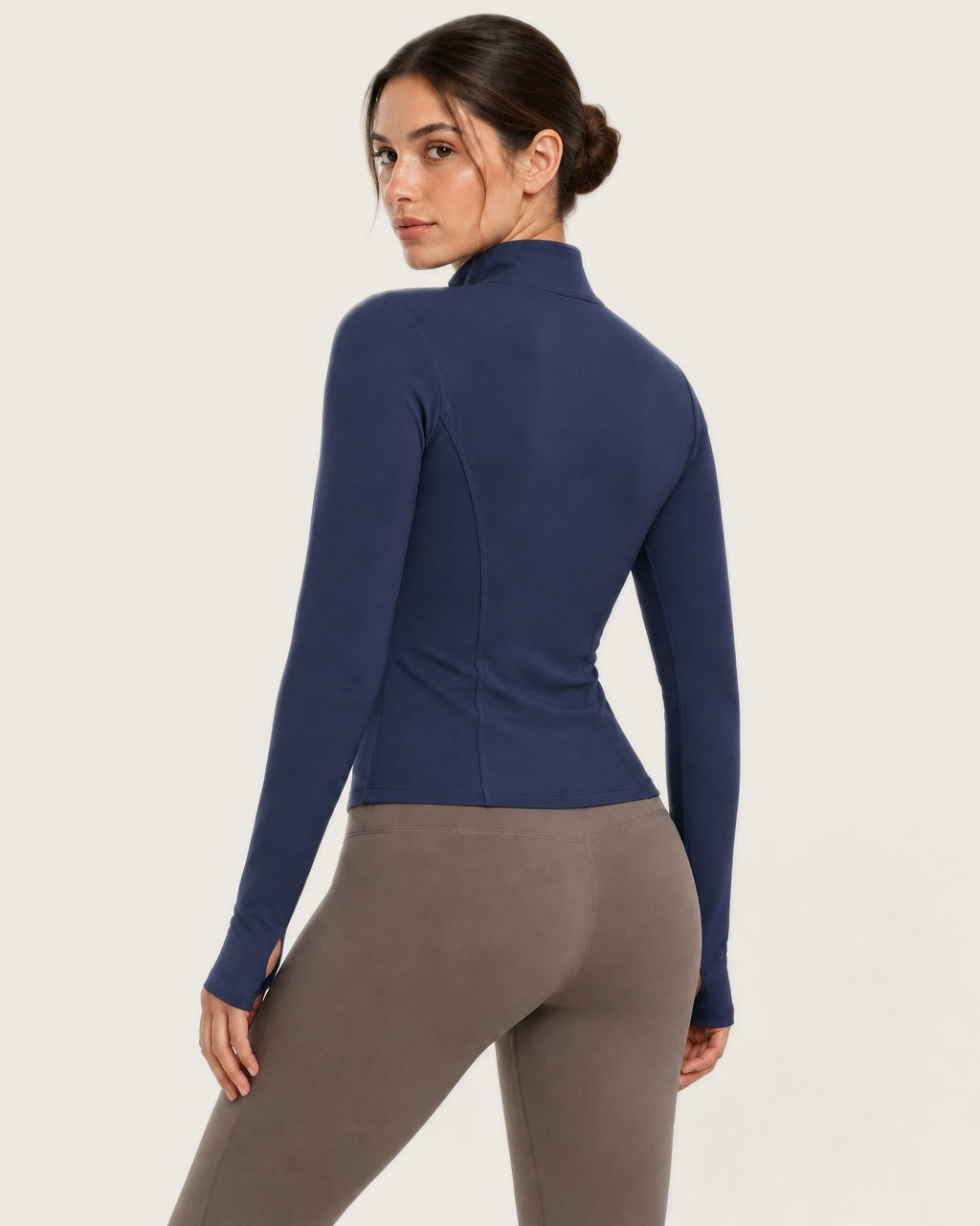 ROMY Layer Fitted Zip Jacket in Navy — three-quarter back view