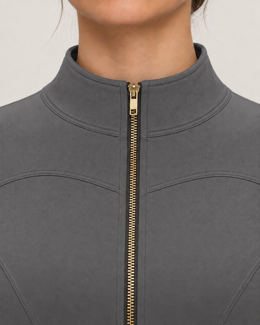 ROMY Layer Fitted Zip Jacket in Slate — close-up detail