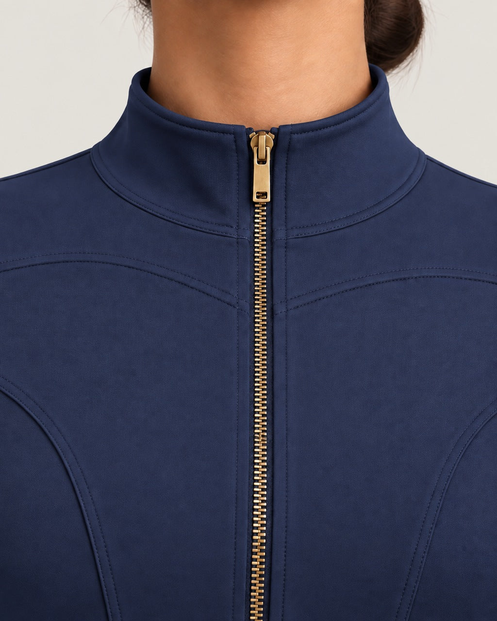 ROMY Layer Short Sleeve Zip Jacket in Navy — close-up detail