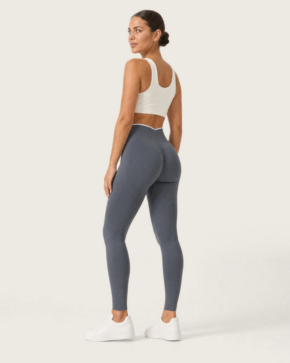 ROMY Sculpt Contrast Waist Legging in Charcoal — three-quarter back view