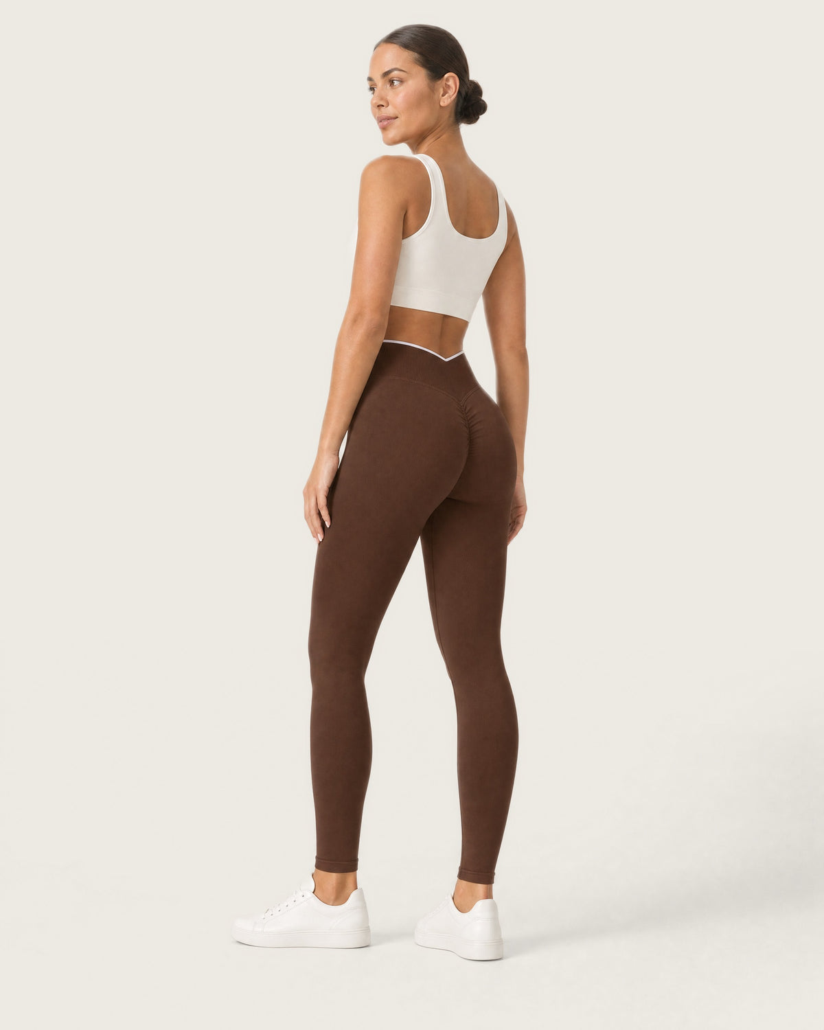 ROMY Sculpt Contrast Waist Legging in Espresso — three-quarter back view