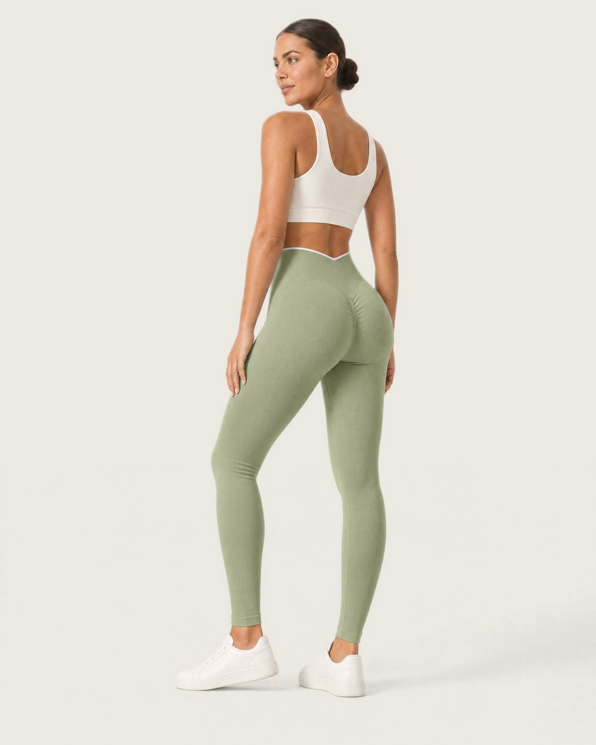 ROMY Sculpt Contrast Waist Legging in Sage — three-quarter back view