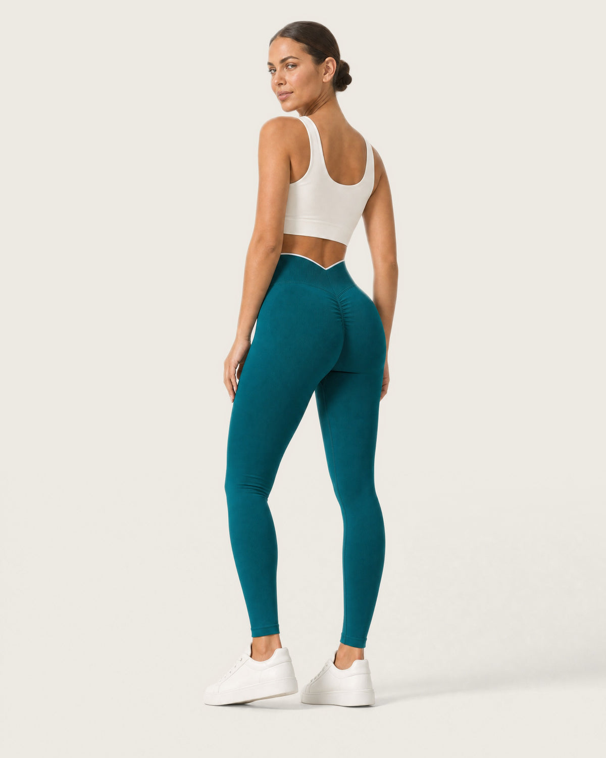 ROMY Sculpt Contrast Waist Legging in Teal — three-quarter back view