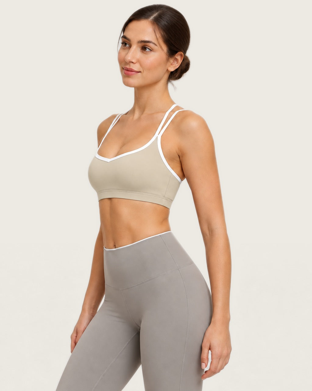 ROMY Sculpt Criss Cross Sports Bra in Oat — side profile