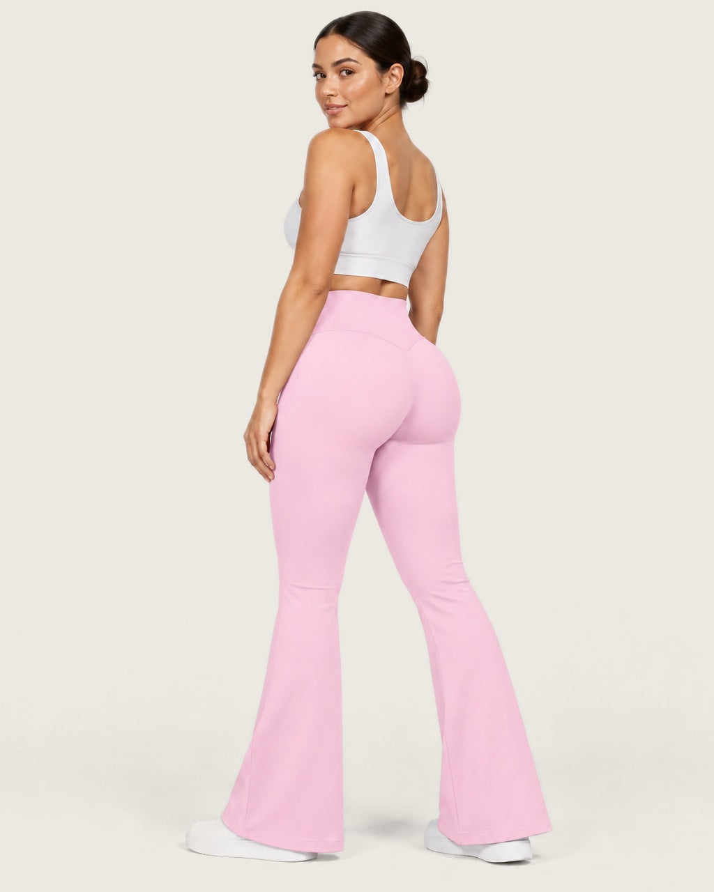 ROMY Sculpt Flare Pant in Blossom — three-quarter back view