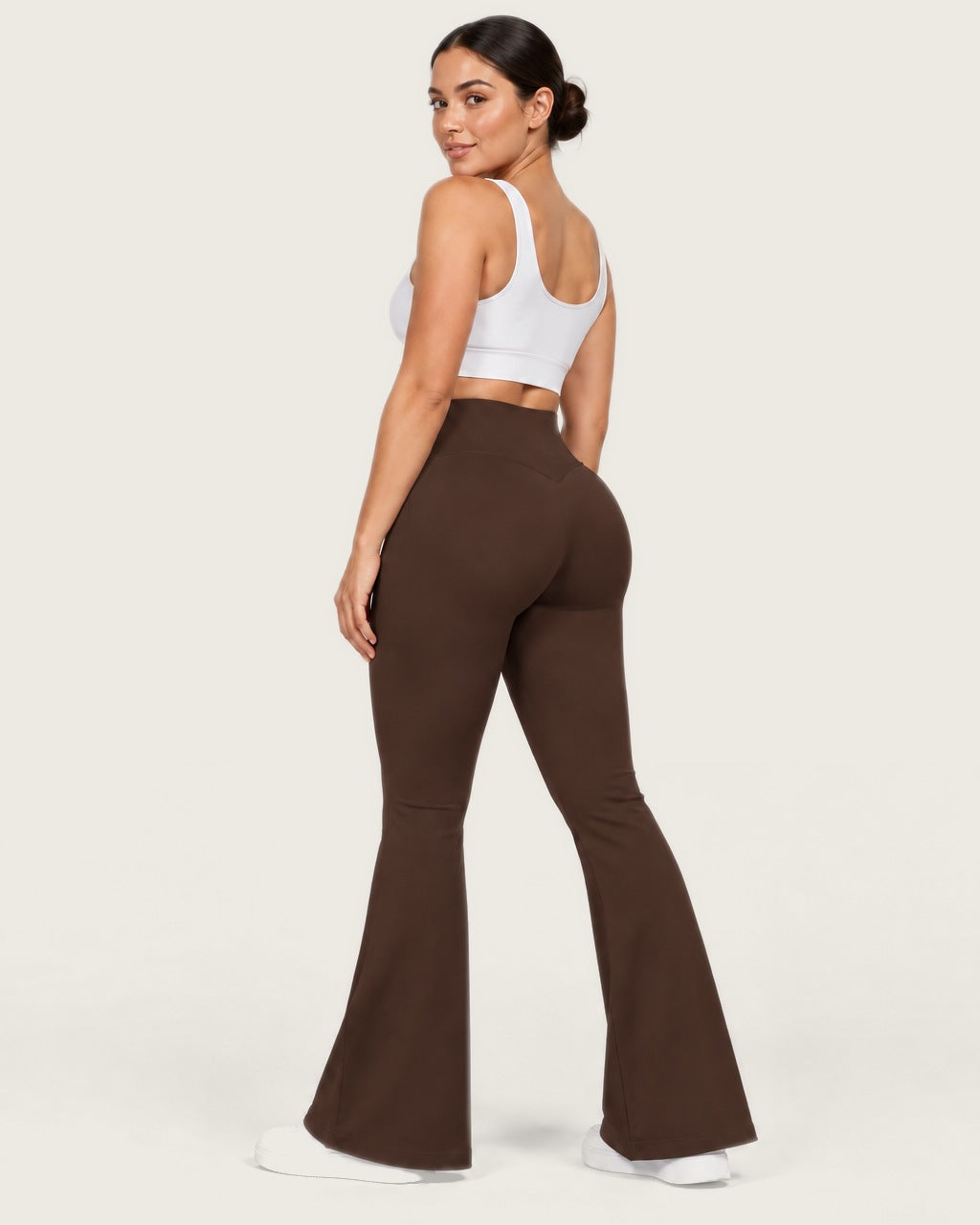 ROMY Sculpt Flare Pant in Espresso — three-quarter back view