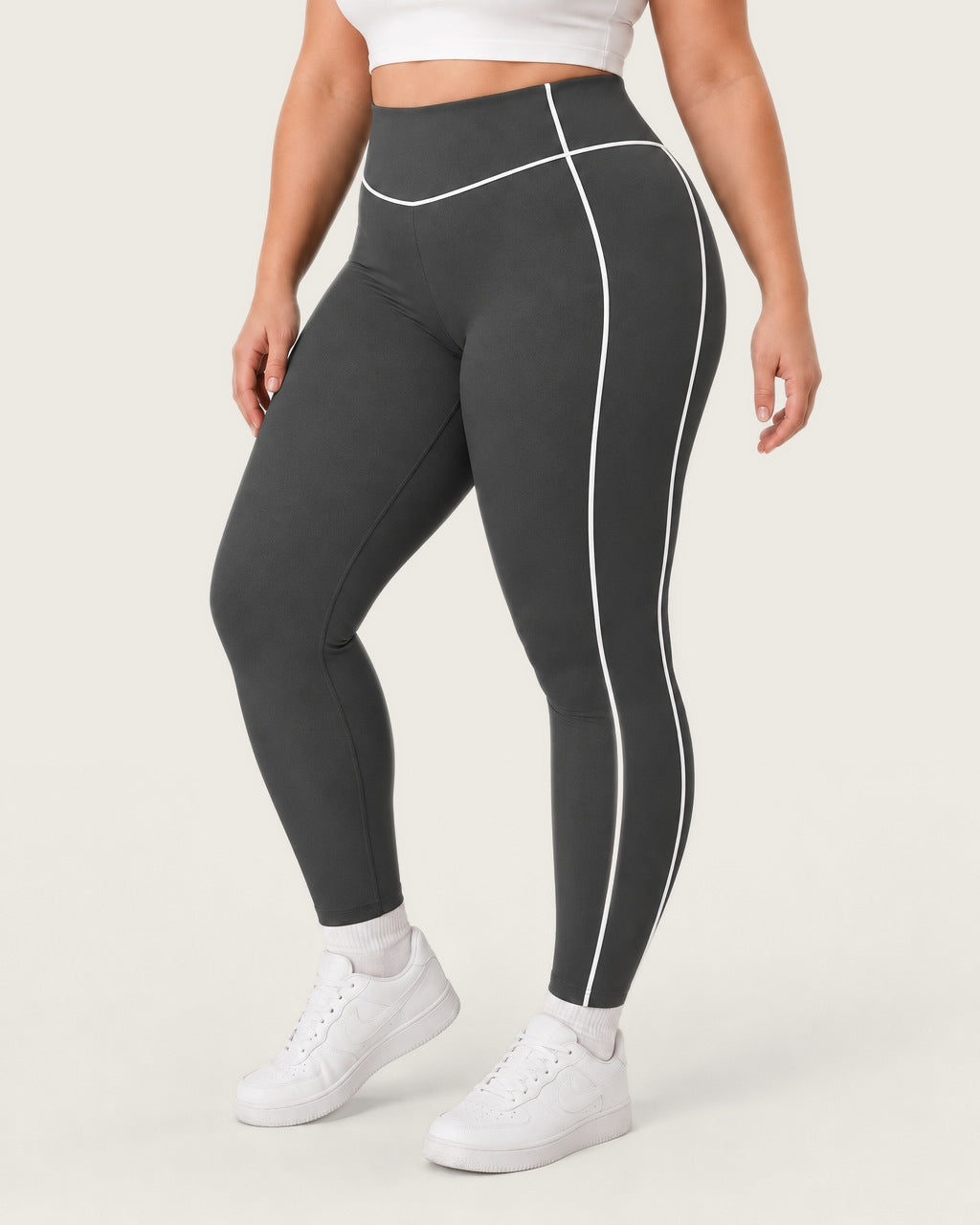 ROMY Sculpt Plus Contrast Piping Legging in Charcoal — product view