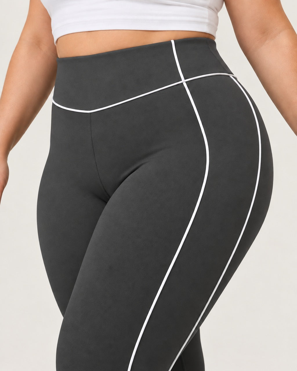 ROMY Sculpt Plus Contrast Piping Legging in Charcoal — close-up of waistband and fabric