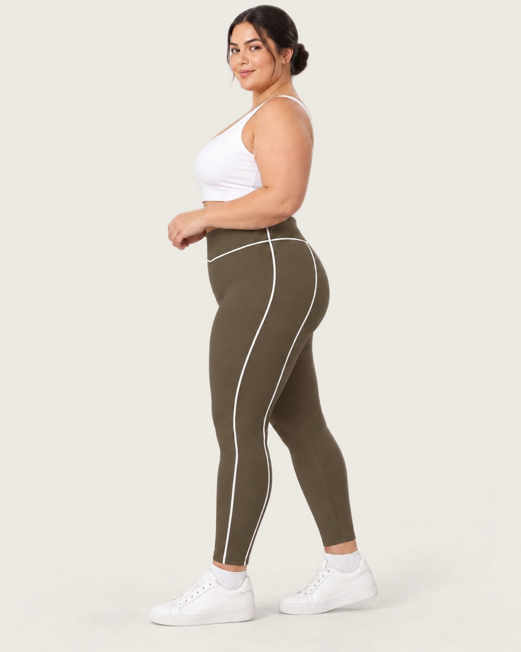ROMY Sculpt Plus Contrast Piping Legging in Khaki — side profile