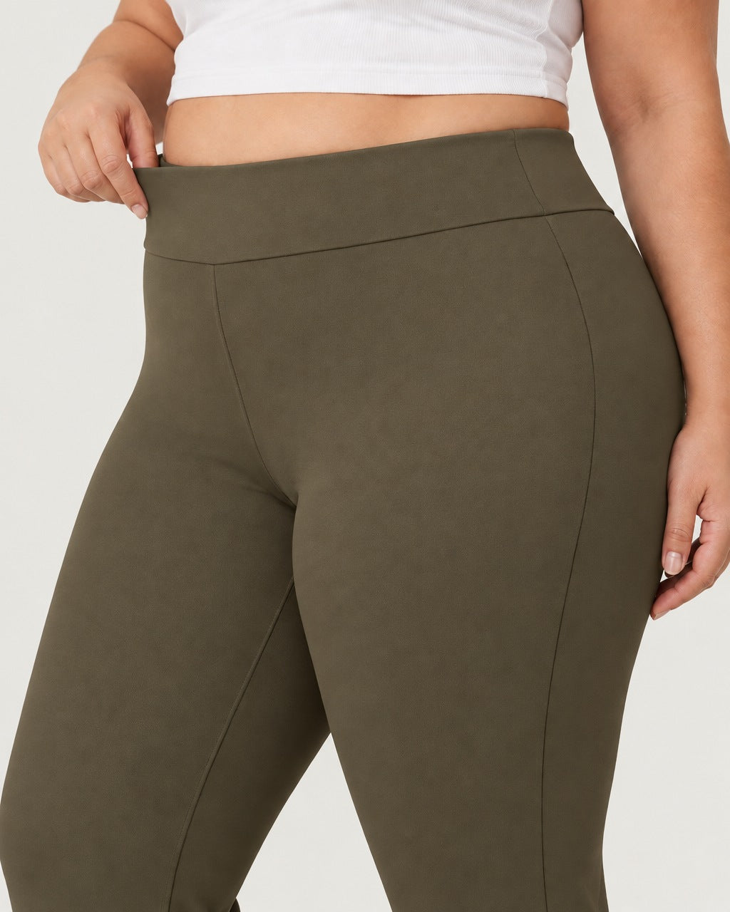 ROMY Sculpt Plus Flare Pant in Khaki — close-up of waistband and fabric