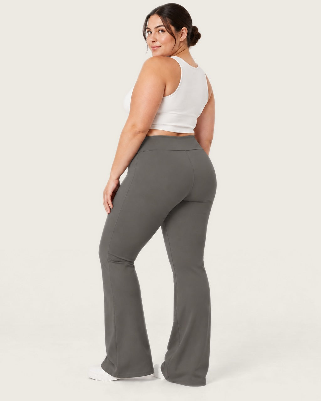 ROMY Sculpt Plus Flare Pant in Pewter — three-quarter back view