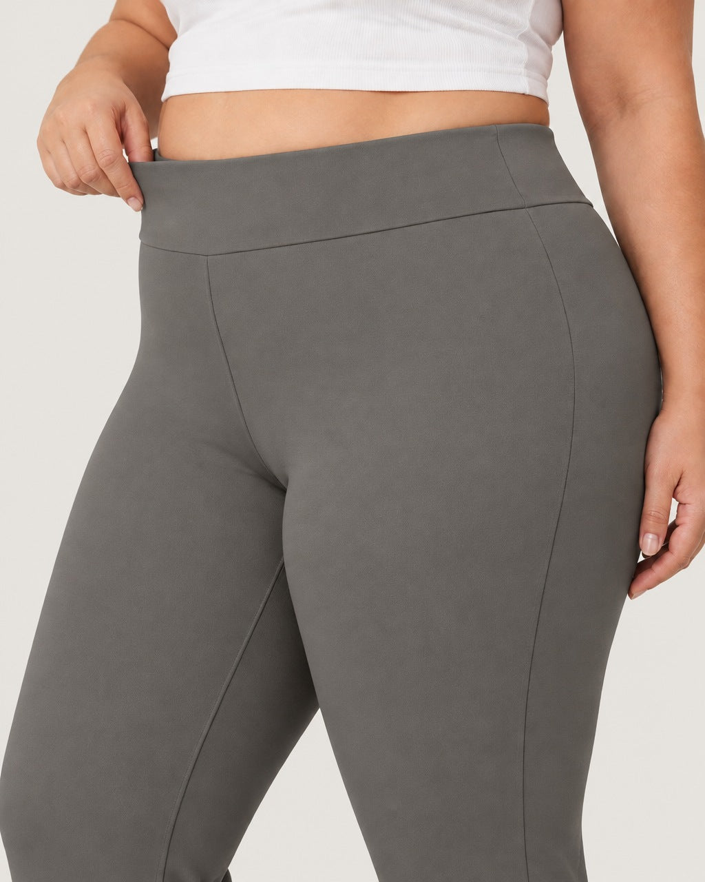 ROMY Sculpt Plus Flare Pant in Pewter — close-up of waistband and fabric