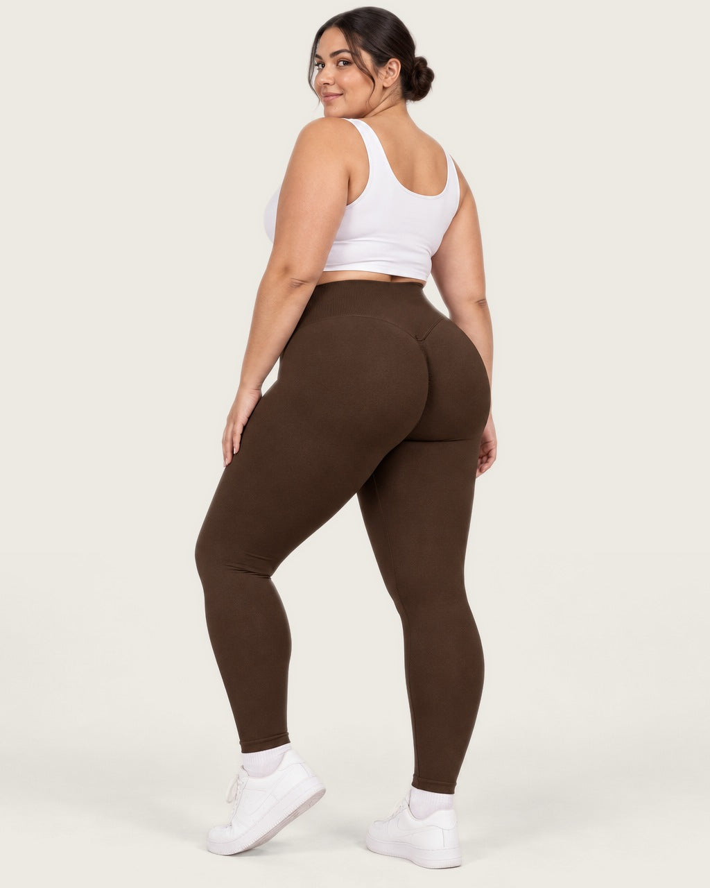 ROMY Sculpt Plus Ruched Legging in Espresso — three-quarter back view