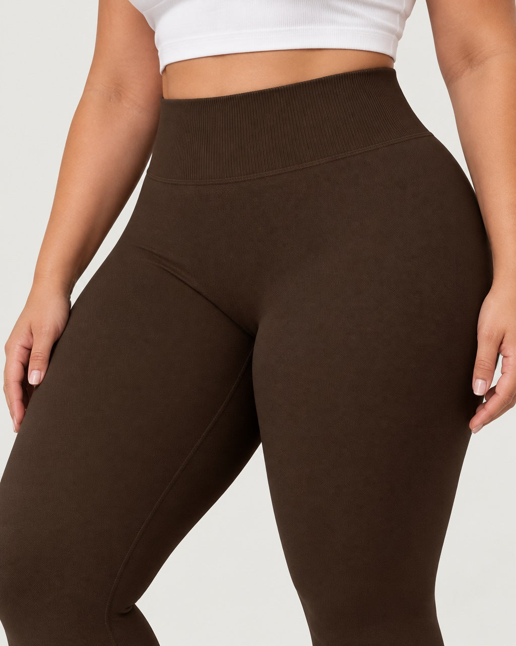 ROMY Sculpt Plus Ruched Legging in Espresso — close-up of waistband and fabric