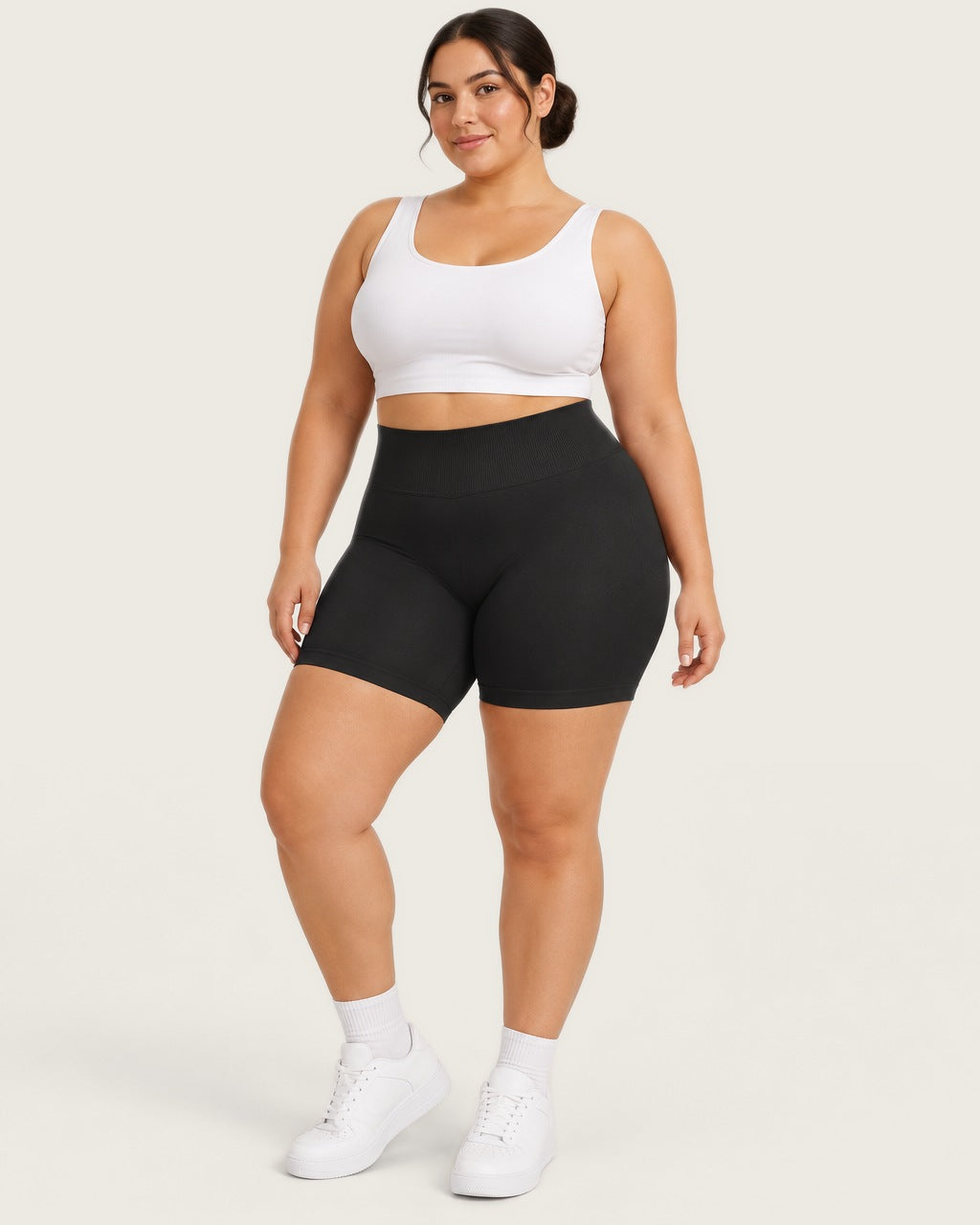 ROMY Sculpt Plus Ruched Shorts in Black — front view