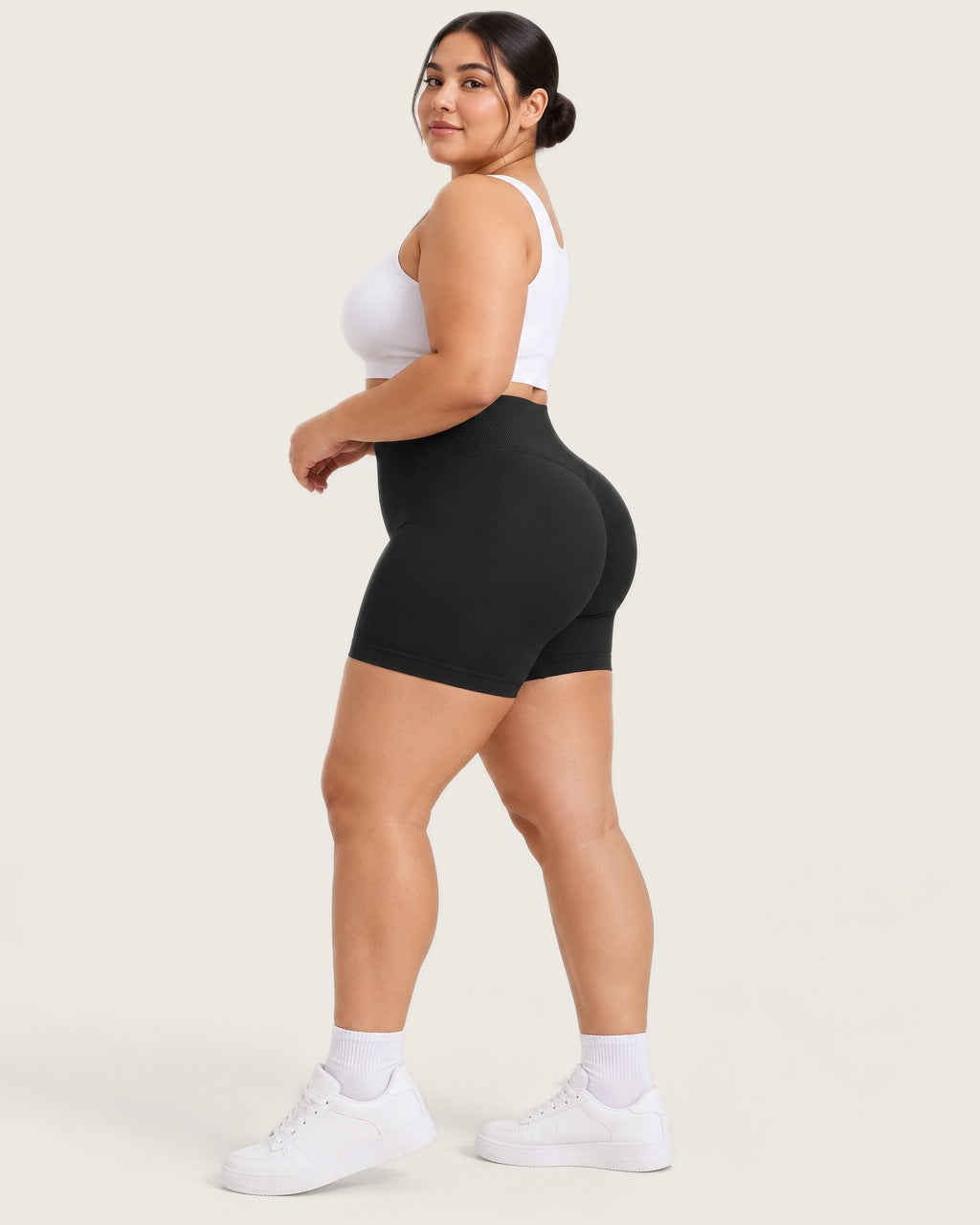 ROMY Sculpt Plus Ruched Shorts in Black — side profile