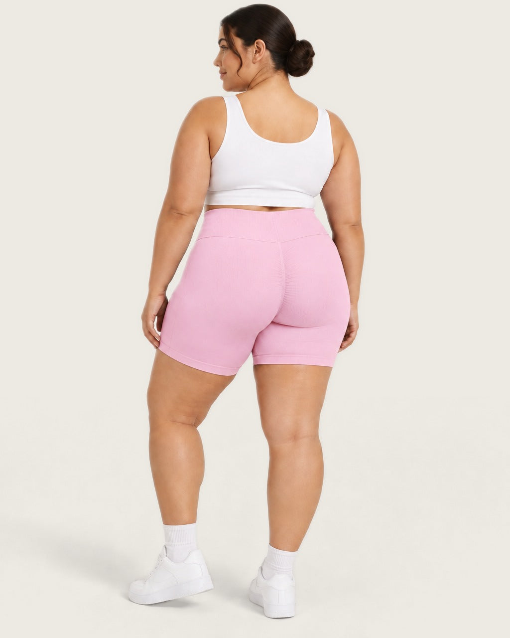 ROMY Sculpt Plus Ruched Shorts in Blossom — three-quarter back view