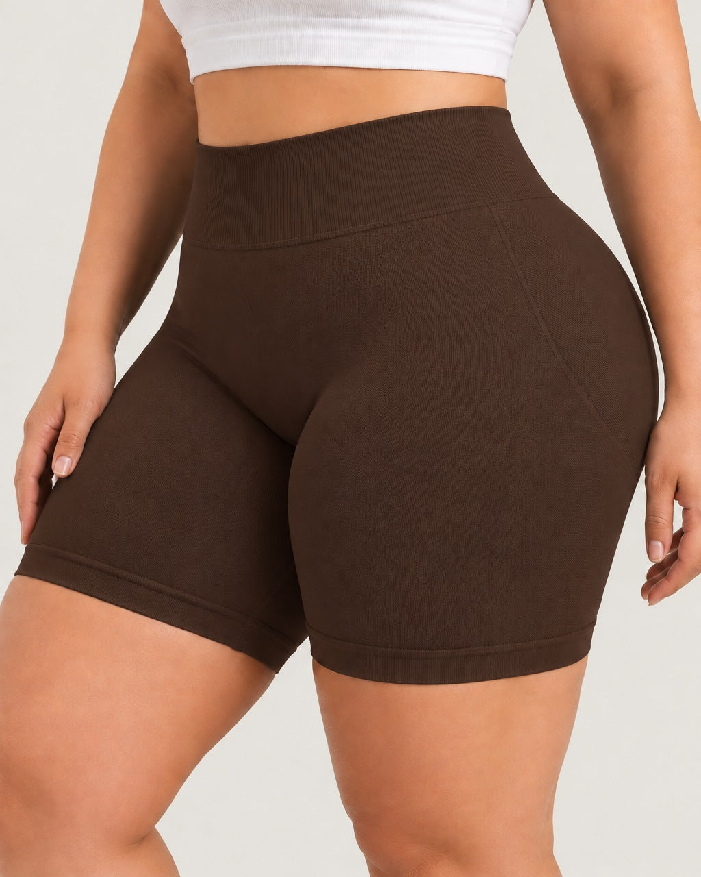 ROMY Sculpt Plus Ruched Shorts in Espresso — close-up of waistband and fabric