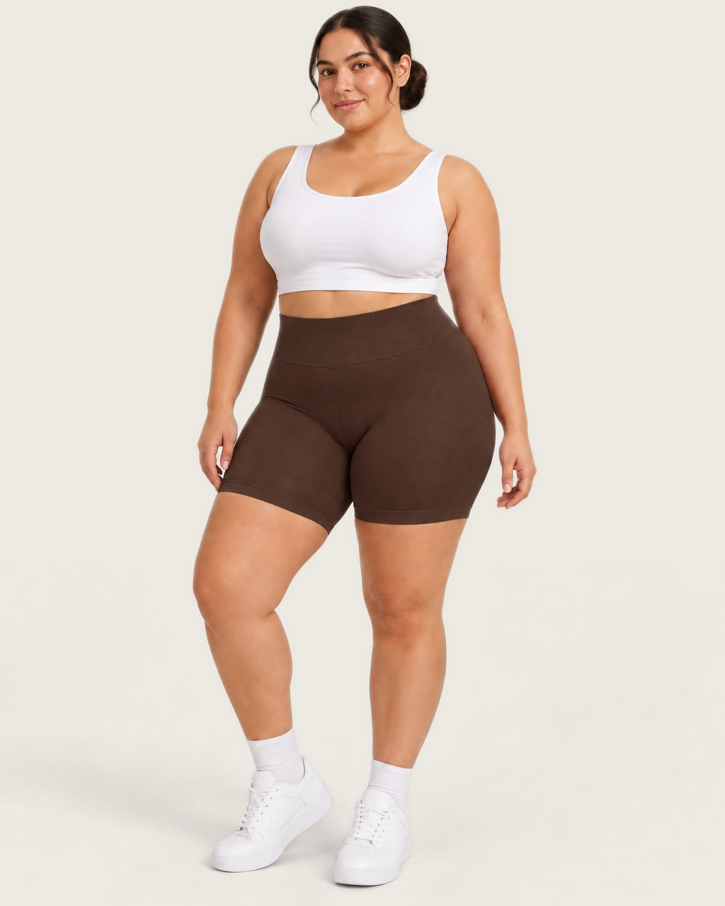 ROMY Sculpt Plus Ruched Shorts in Espresso — front view