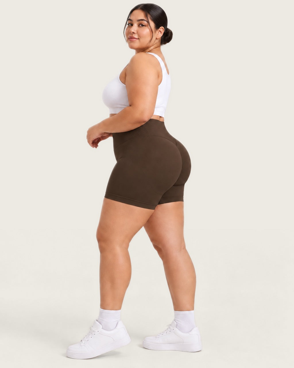 ROMY Sculpt Plus Ruched Shorts in Espresso — side profile