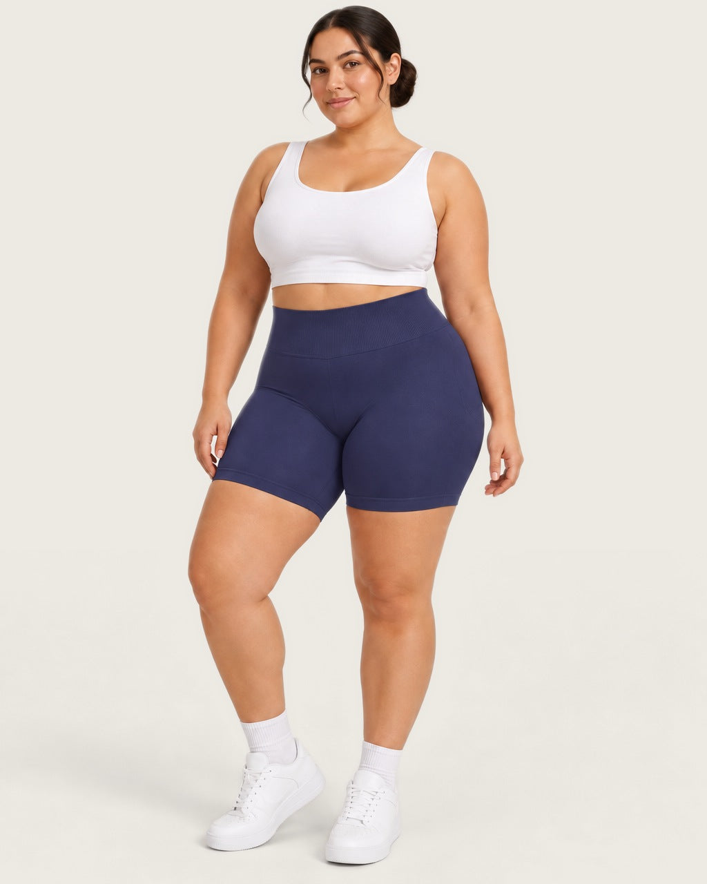 ROMY Sculpt Plus Ruched Shorts in Navy — front view