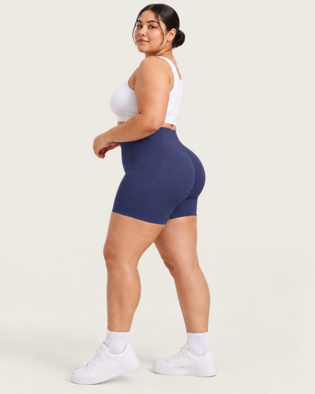 ROMY Sculpt Plus Ruched Shorts in Navy — side profile