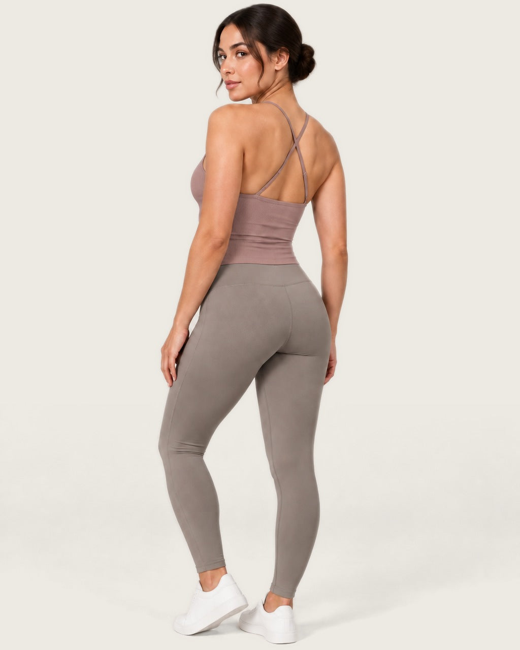 ROMY Sculpt Ruched Cami in Clay — three-quarter back view