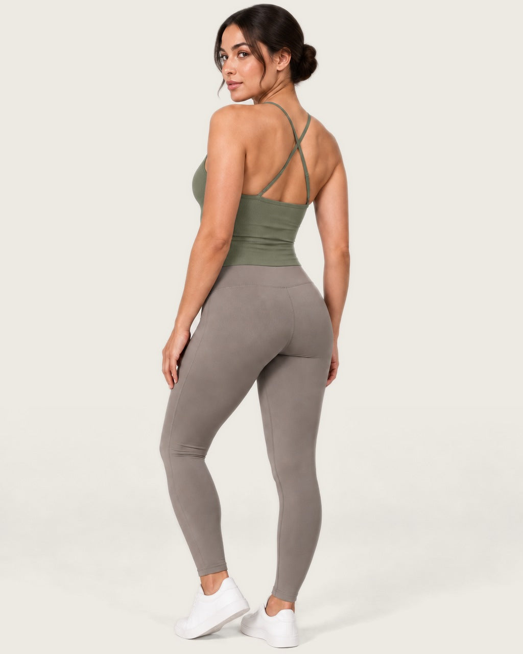 ROMY Sculpt Ruched Cami in Sage — three-quarter back view