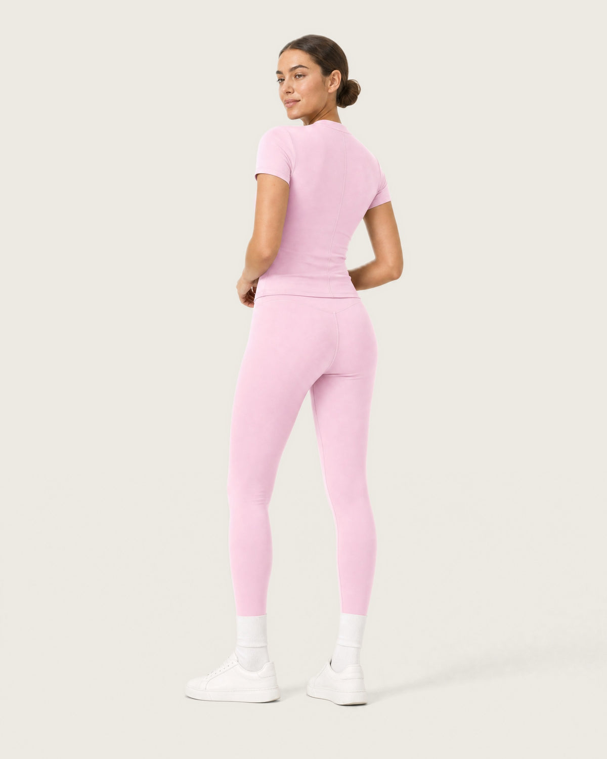 ROMY Studio Legging Set in Blush — three-quarter back view