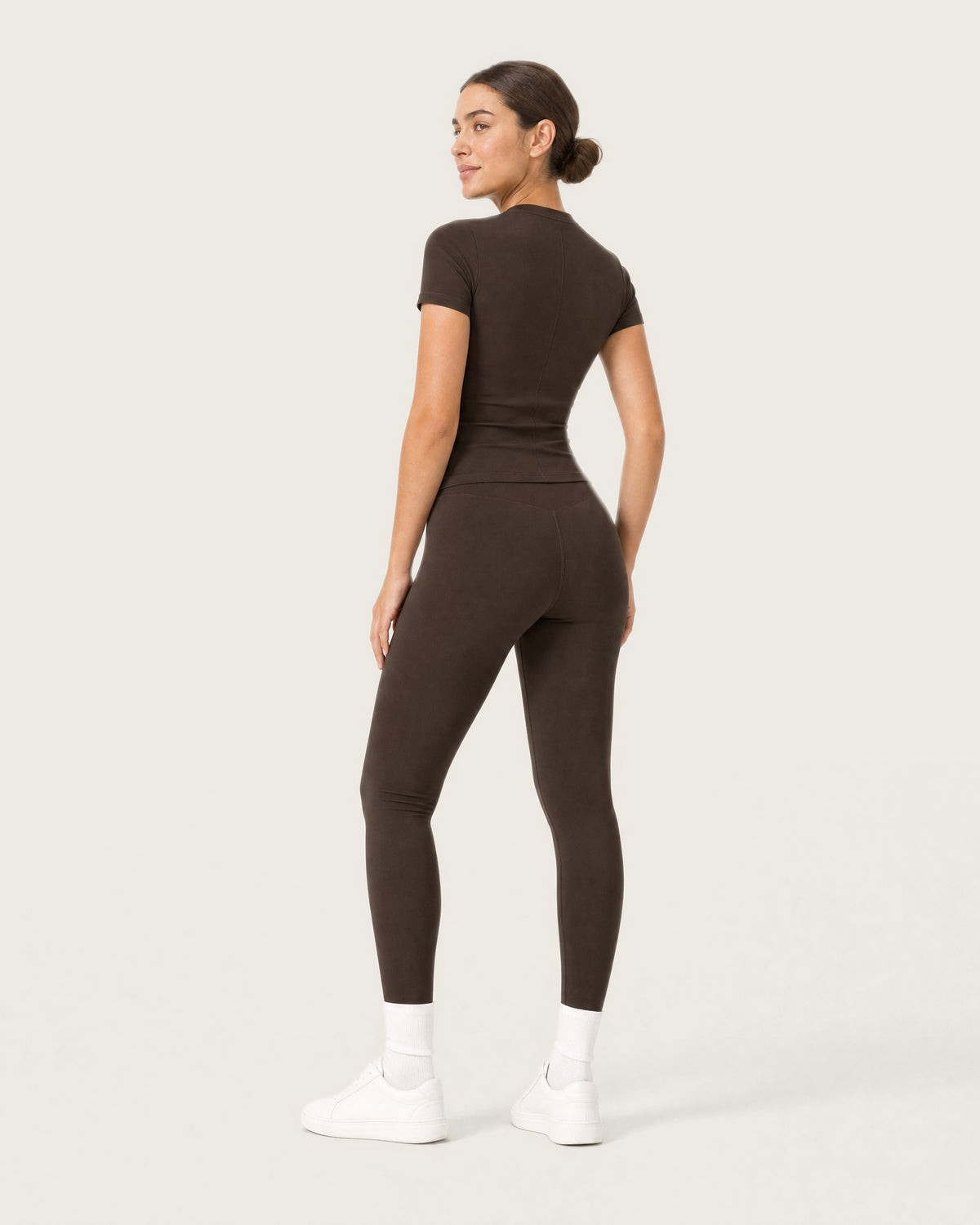 ROMY Studio Legging Set in Espresso — three-quarter back view