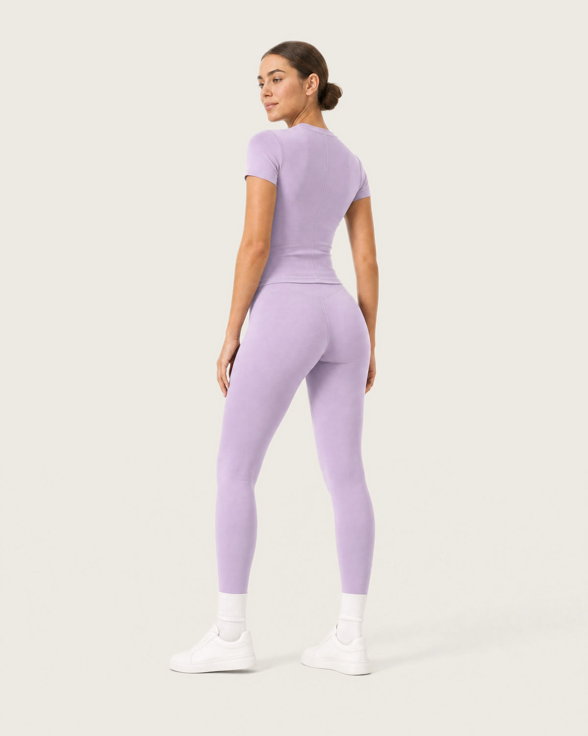 ROMY Studio Legging Set in Lavender — three-quarter back view