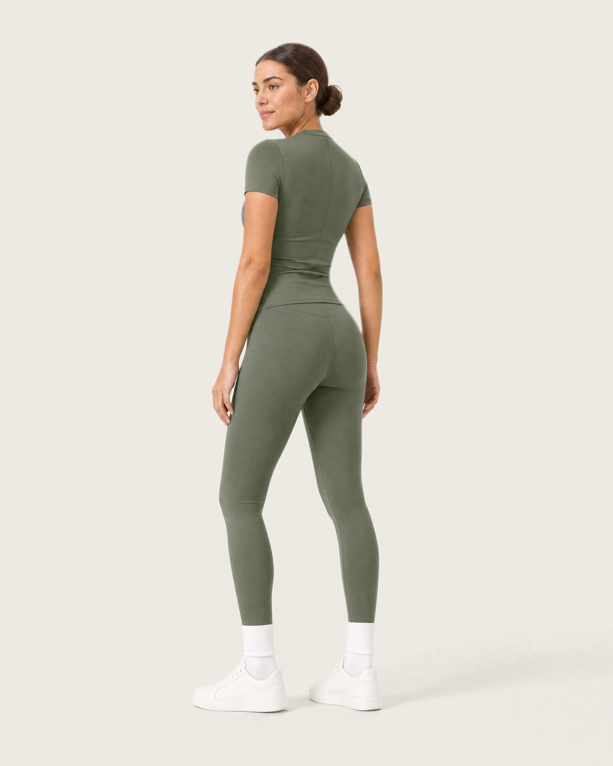 ROMY Studio Legging Set in Olive — three-quarter back view