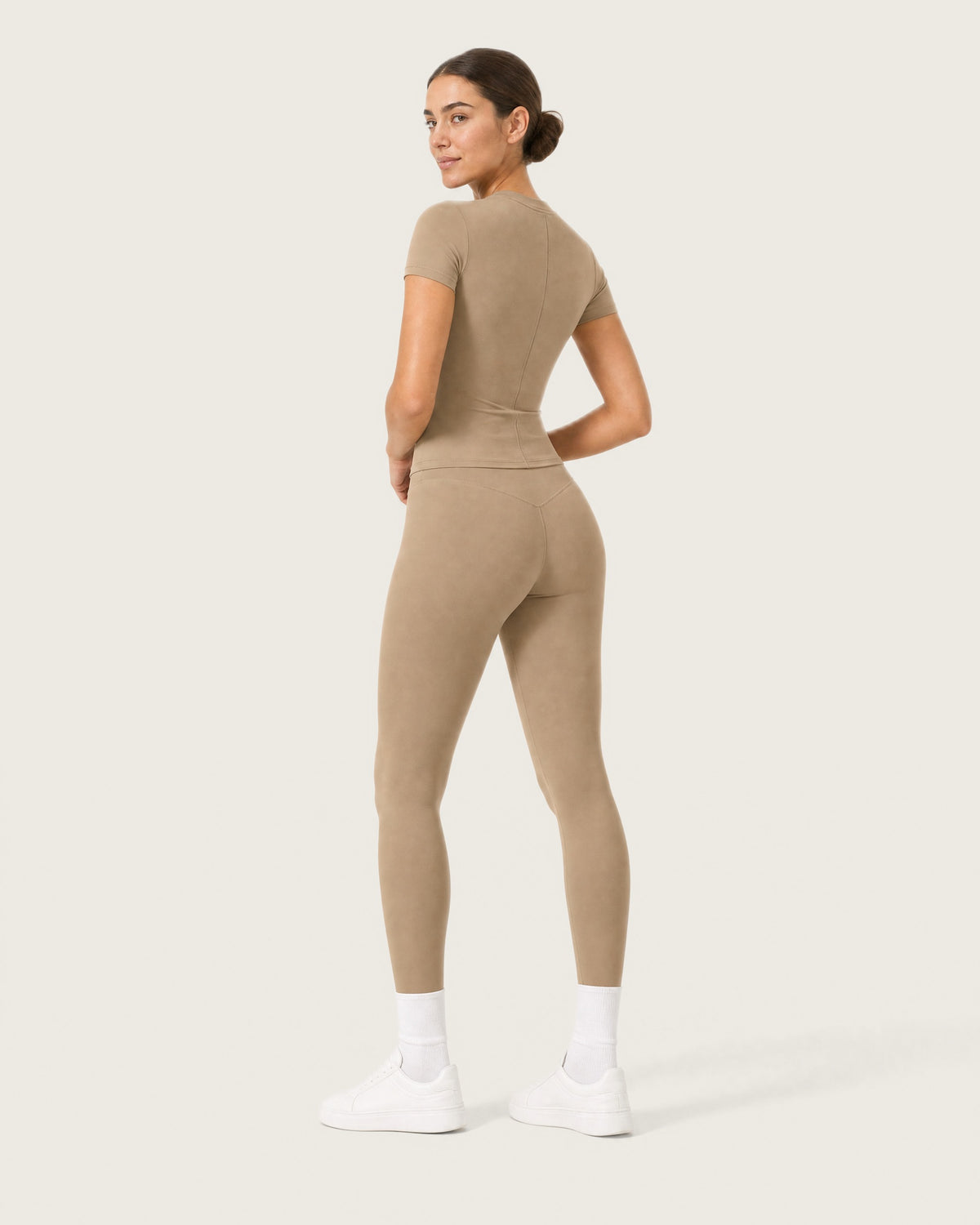 ROMY Studio Legging Set in Sand — three-quarter back view