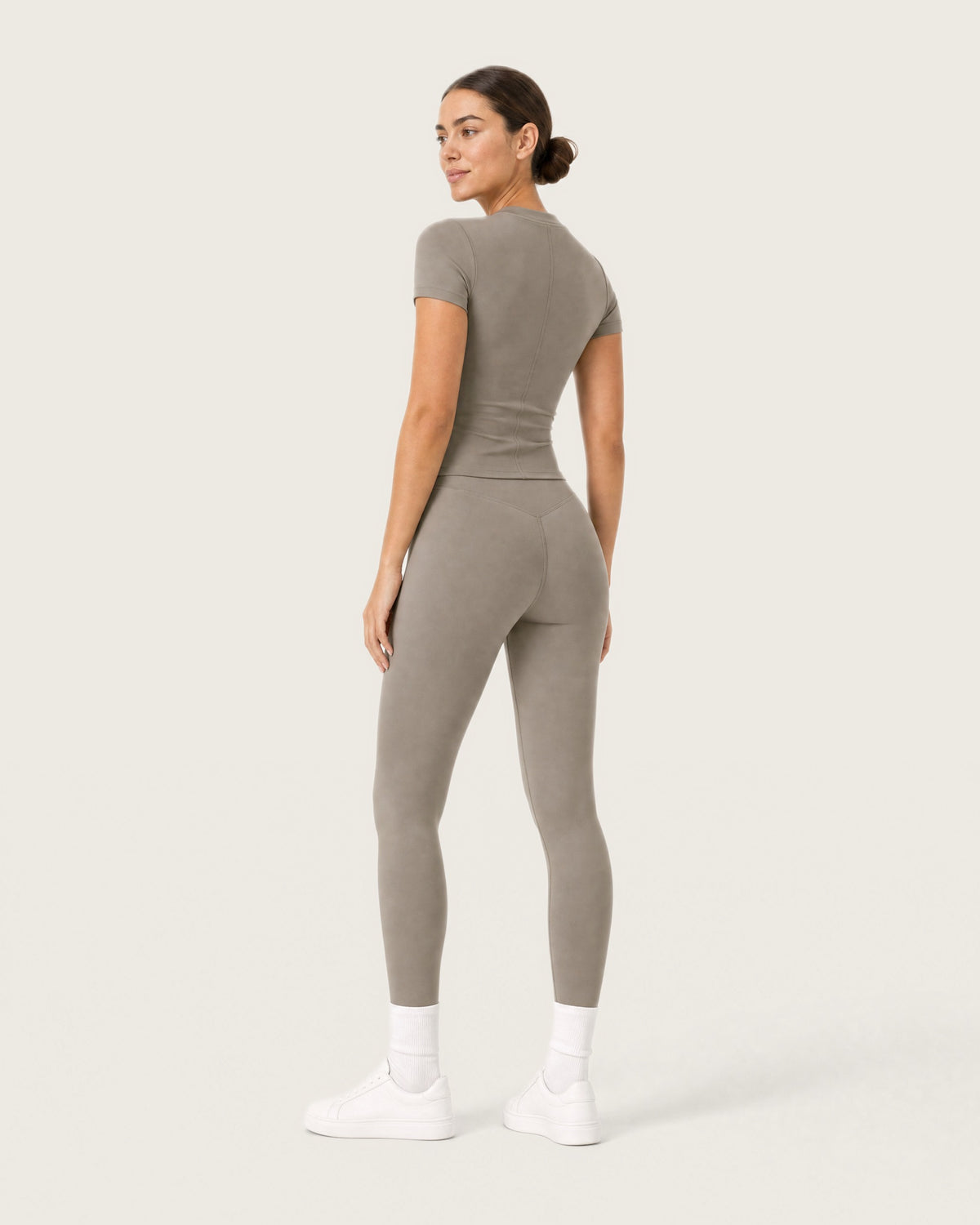 ROMY Studio Legging Set in Taupe — three-quarter back view