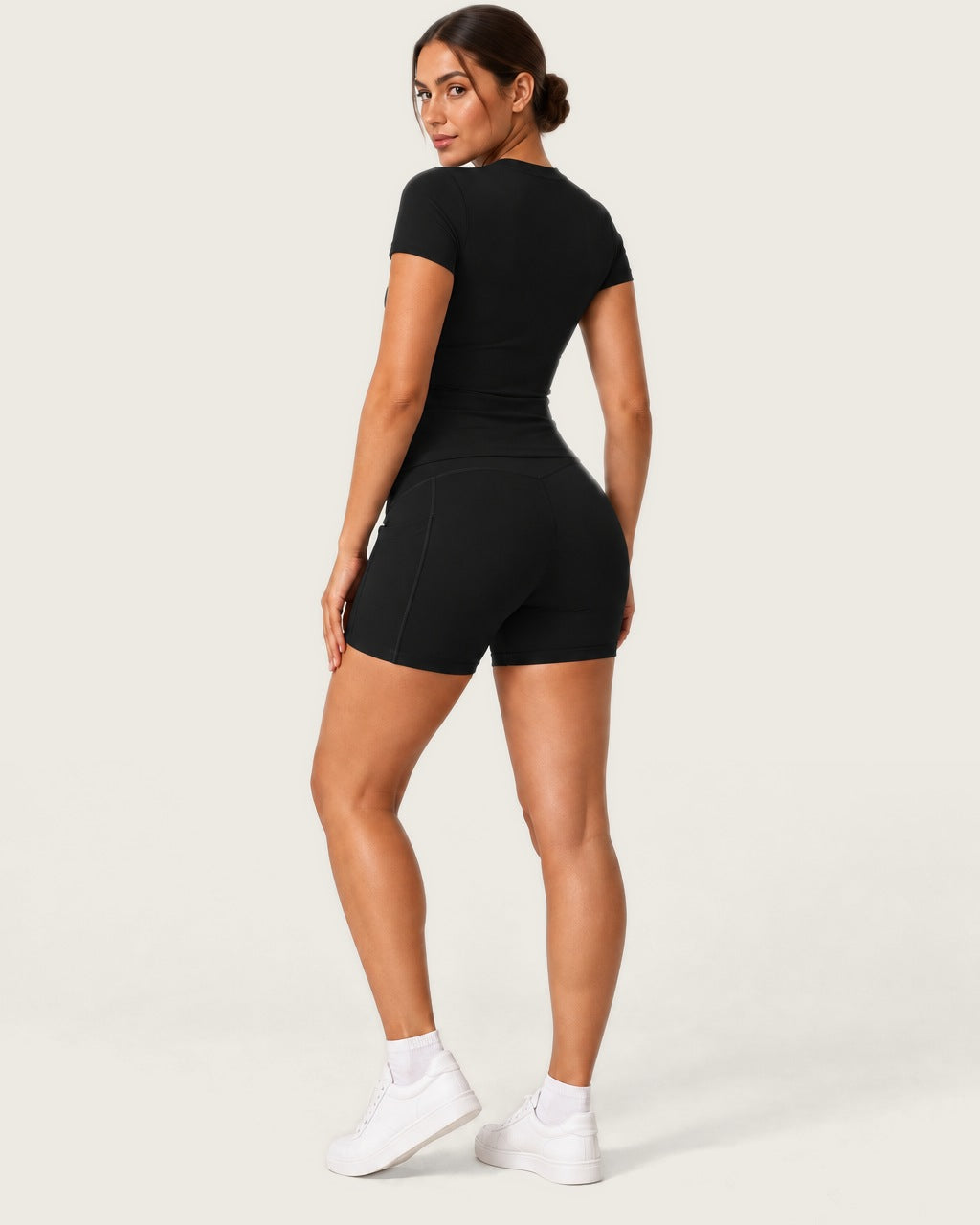 ROMY Studio Pocket Short Set in Black — three-quarter back view