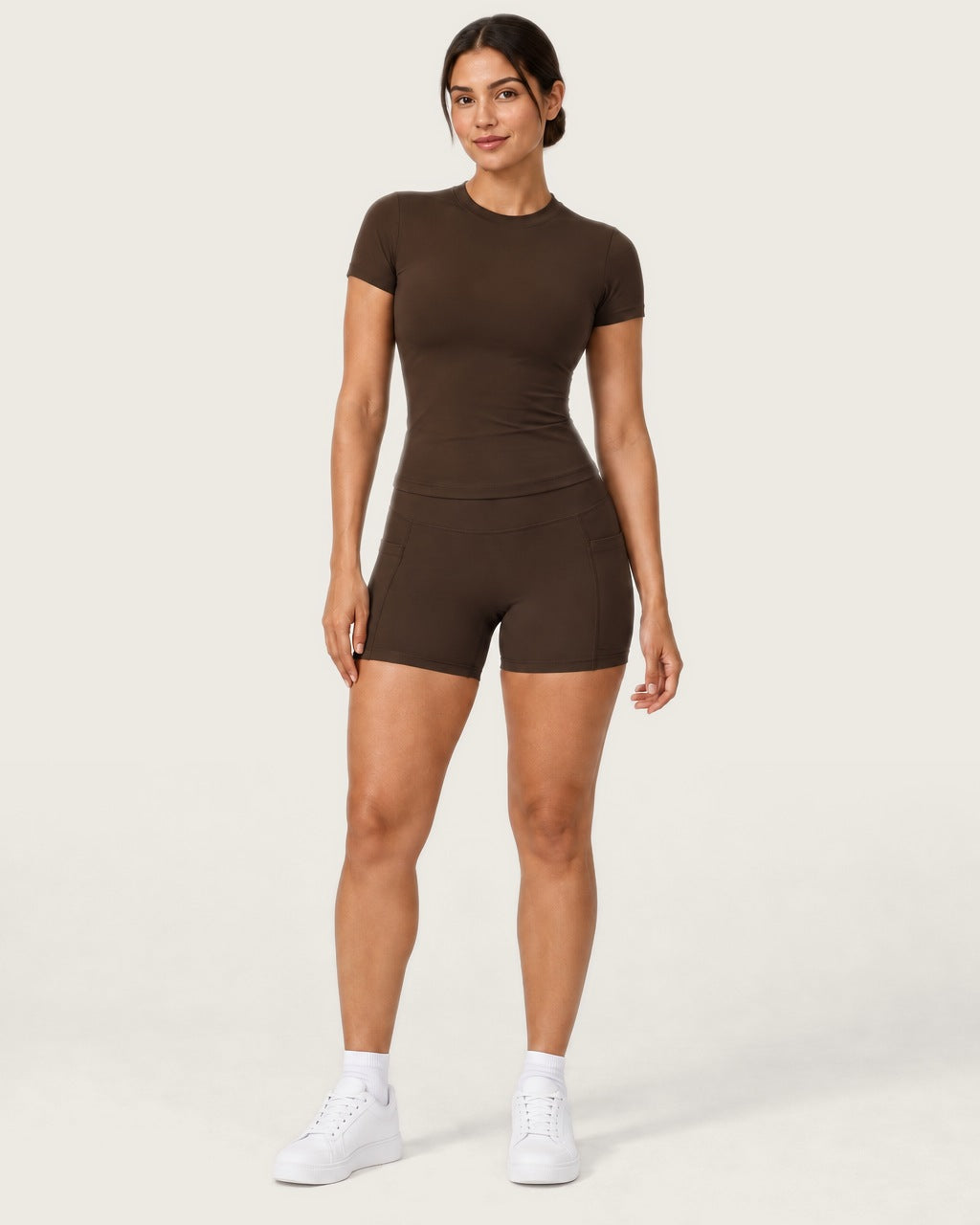 ROMY Studio Pocket Short Set in Espresso — front view
