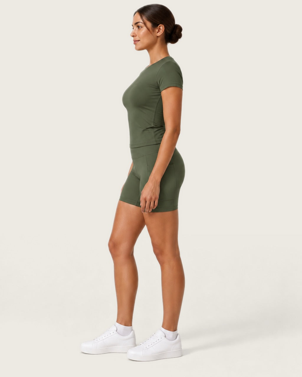 ROMY Studio Pocket Short Set in Olive — side profile
