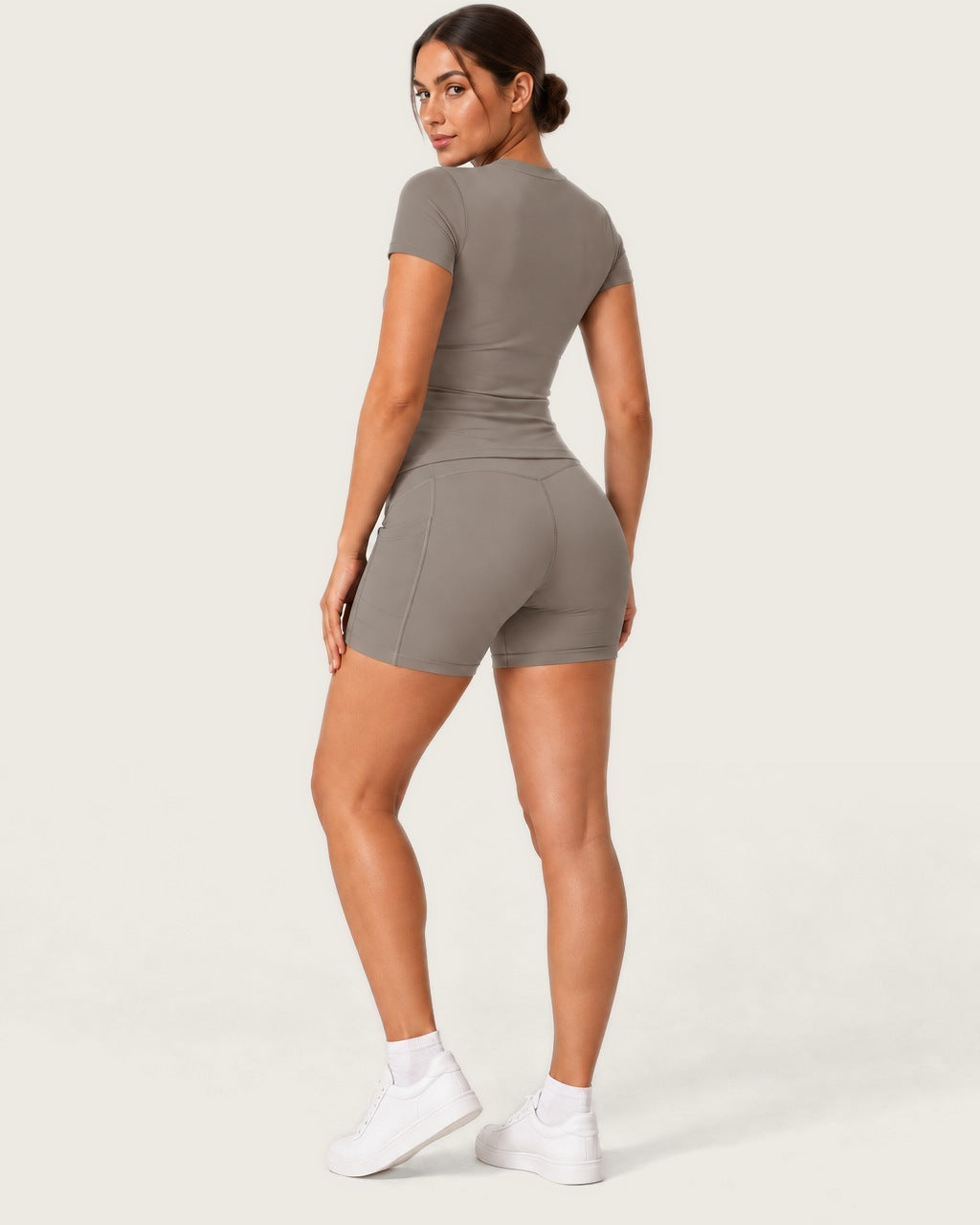 ROMY Studio Pocket Short Set in Taupe — three-quarter back view