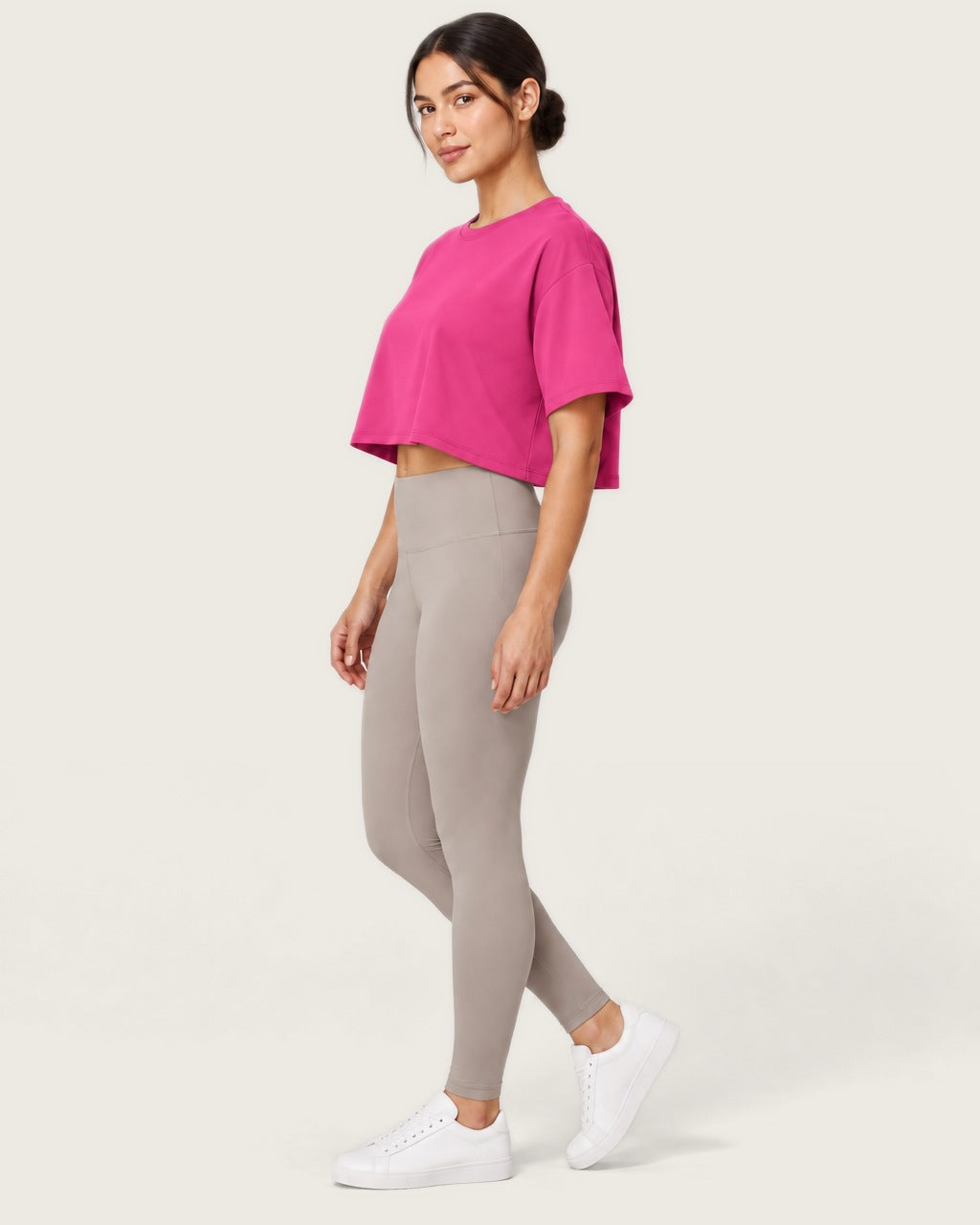 ROMY Ease Cropped Tee in Fuchsia — side profile