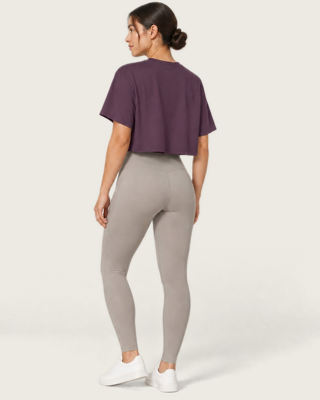 ROMY Ease Cropped Tee in Plum — three-quarter back view