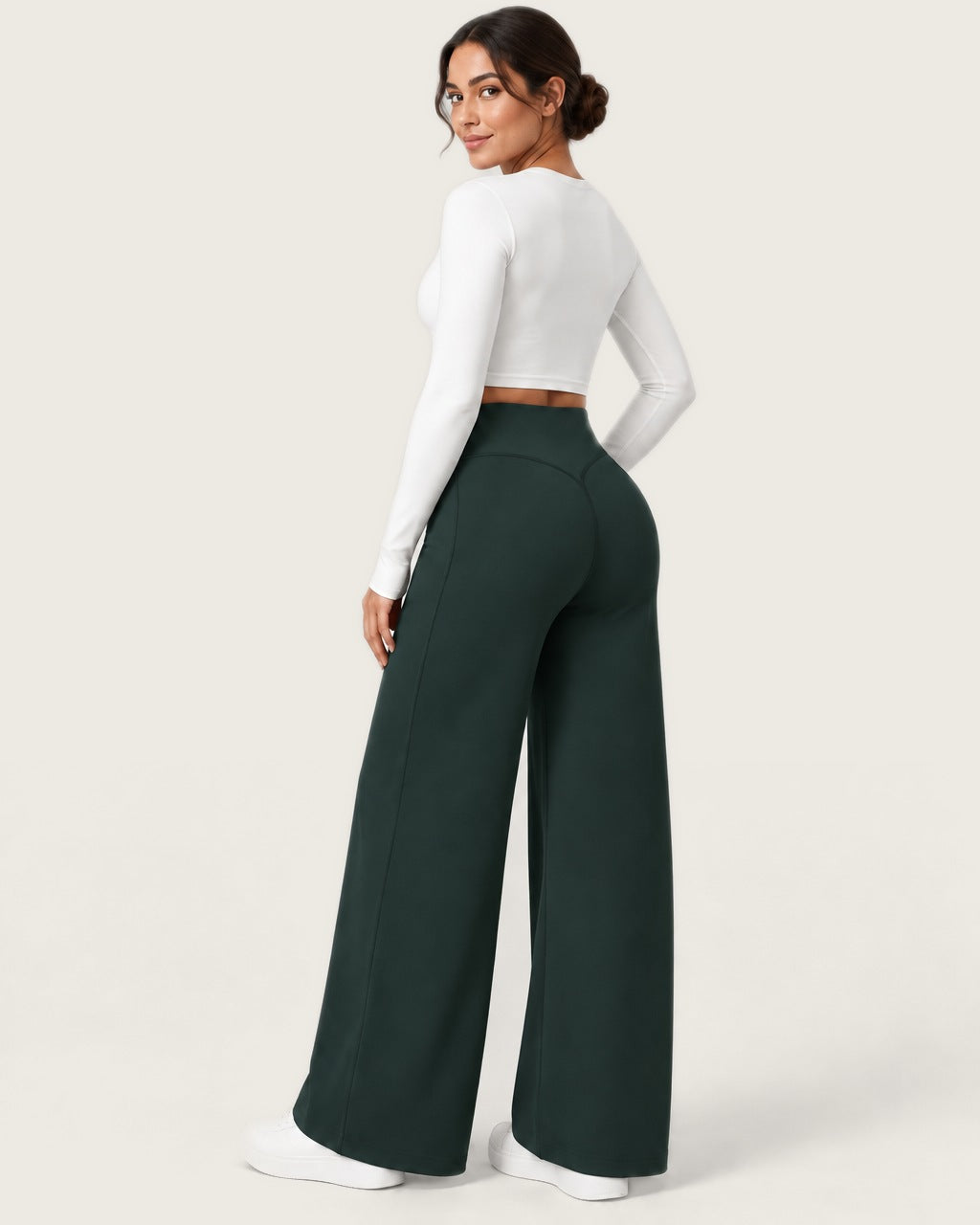 ROMY Ease Wide Leg Pant in Forest — three-quarter back view