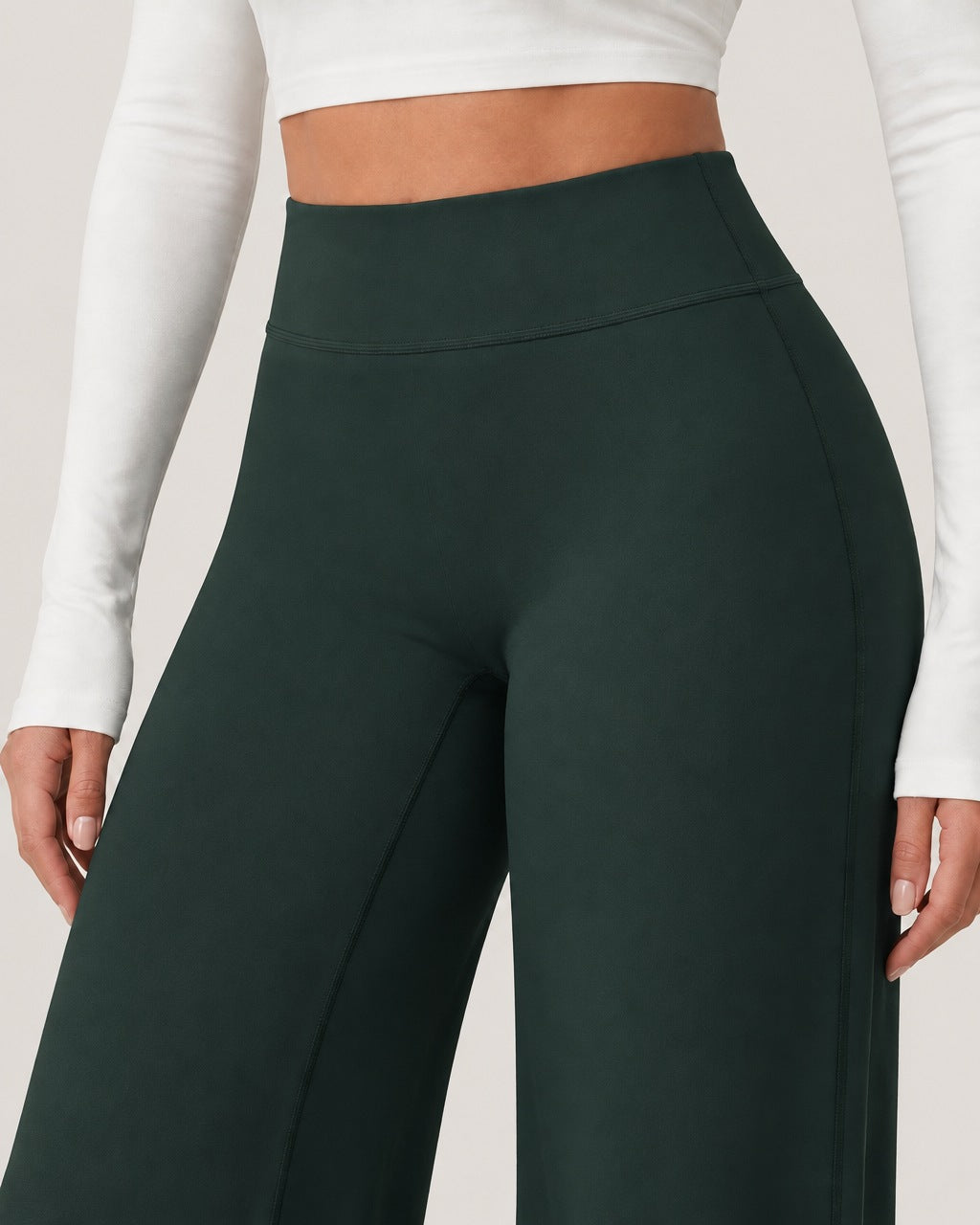 ROMY Ease Wide Leg Pant in Forest — close-up of waistband and fabric