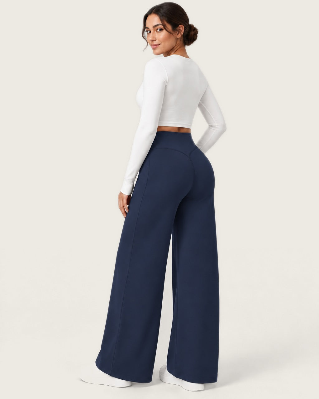 ROMY Ease Wide Leg Pant in Navy — three-quarter back view