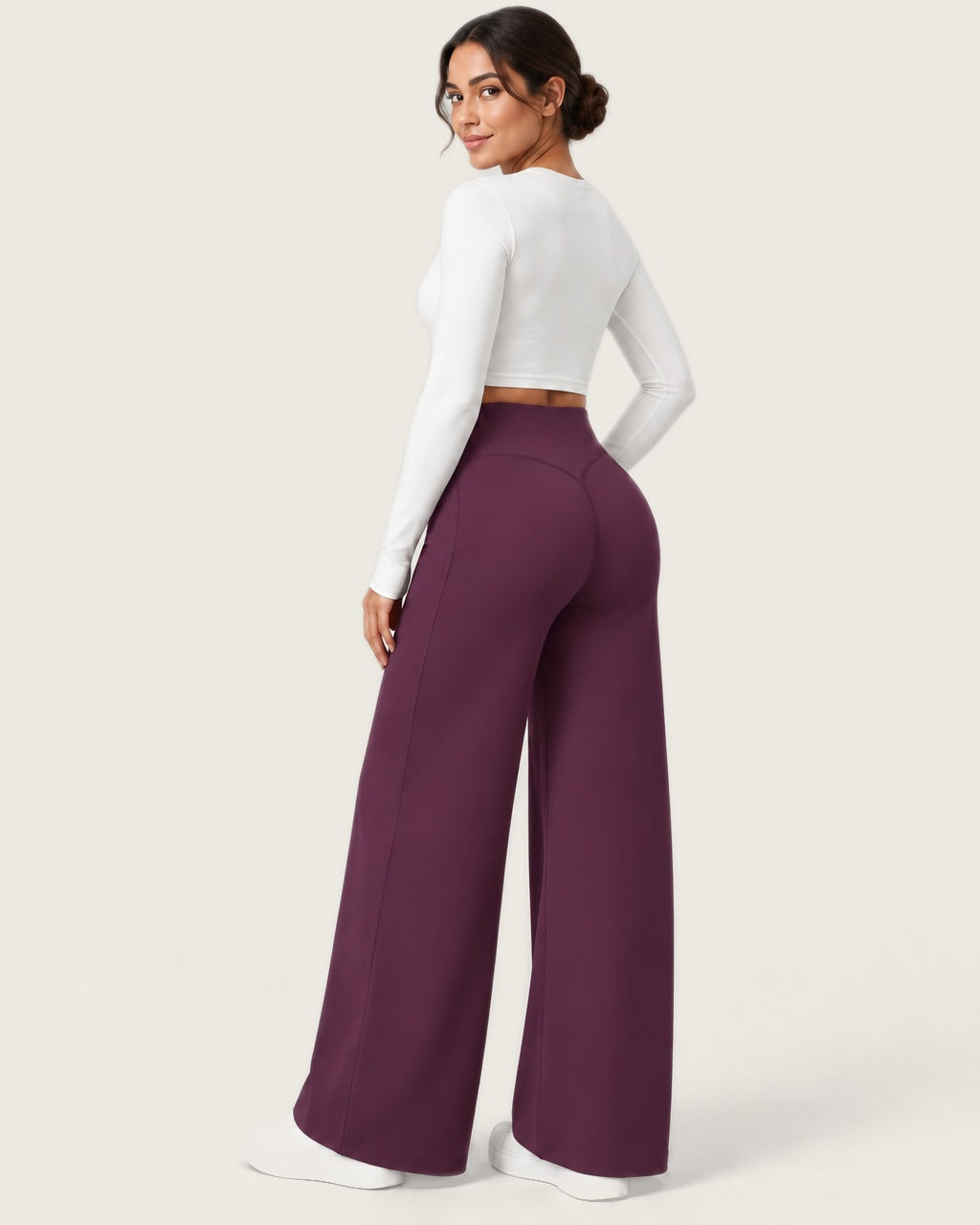 ROMY Ease Wide Leg Pant in Plum — three-quarter back view
