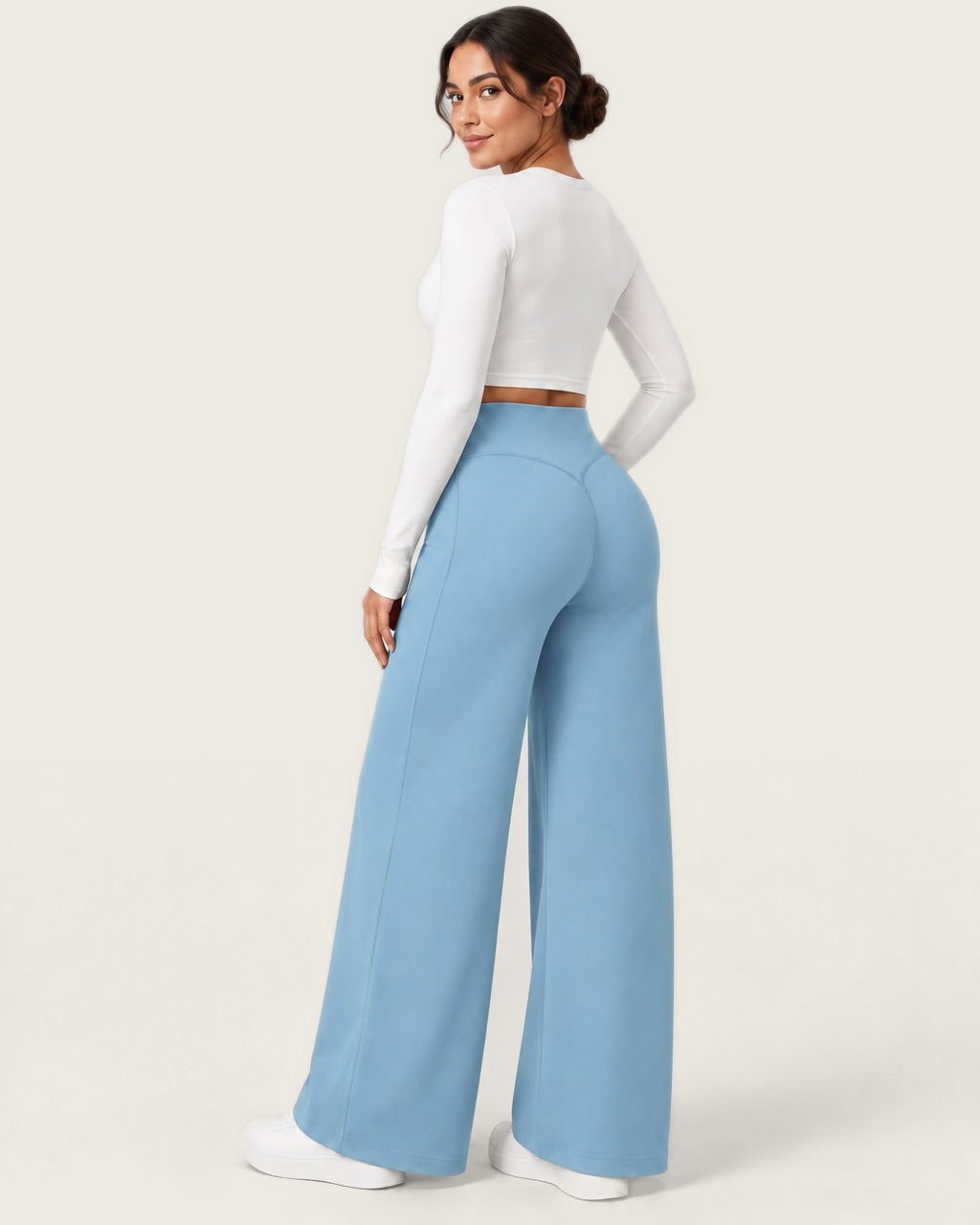 ROMY Ease Wide Leg Pant in Sky — three-quarter back view