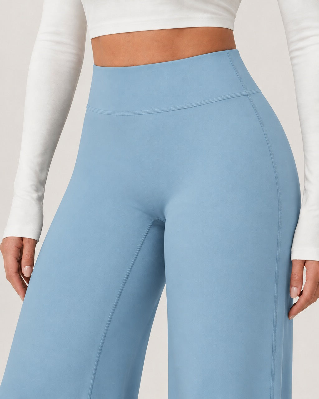 ROMY Ease Wide Leg Pant in Sky — close-up of waistband and fabric